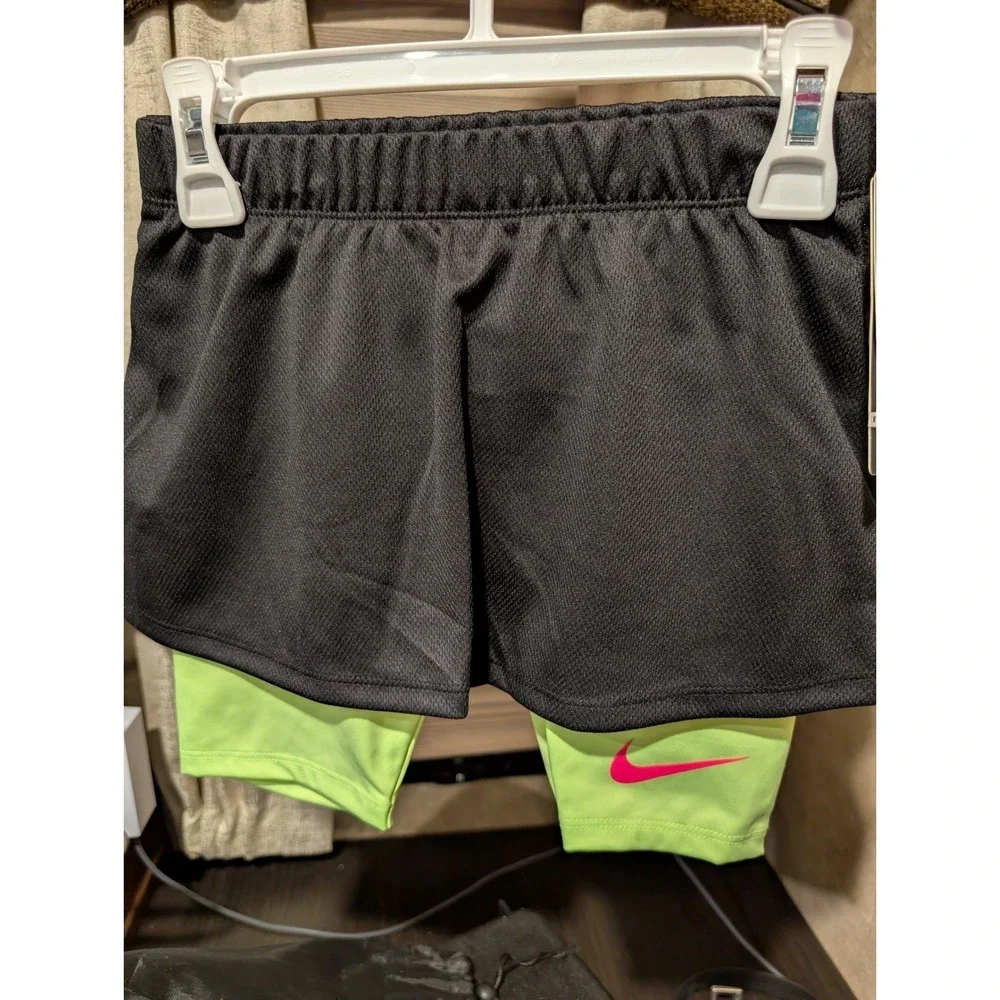 Nike Girls Just Win 2 Piece Set Sz 6 Pink Tee Black Shorts Lime Green Liner NEW
